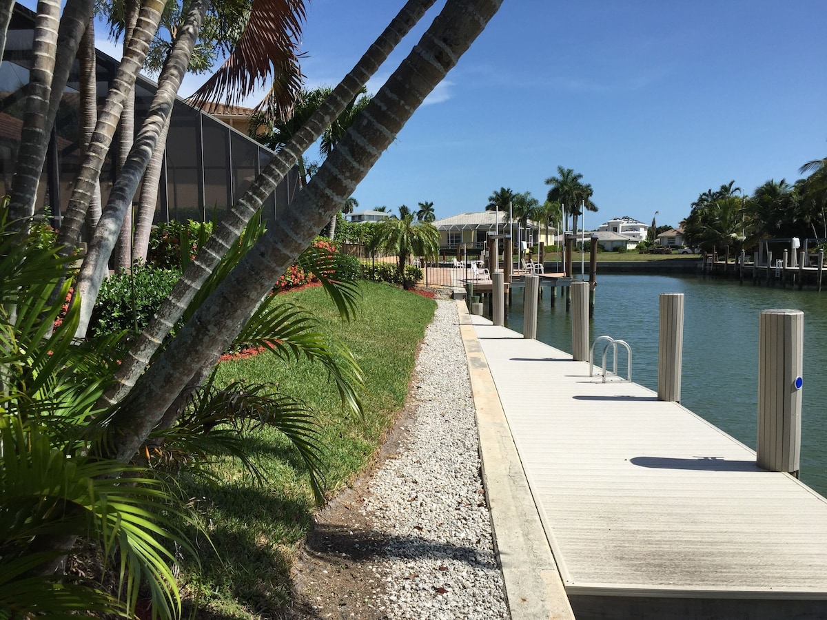 A wooden dock extending into a calm body of water, surrounded by lush greenery and palm trees.